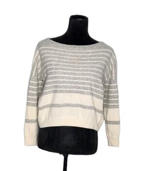 Vince 100% Cashmere Cream Gray Striped Cropped Sweater 3/4 Sleeve Women's Size M